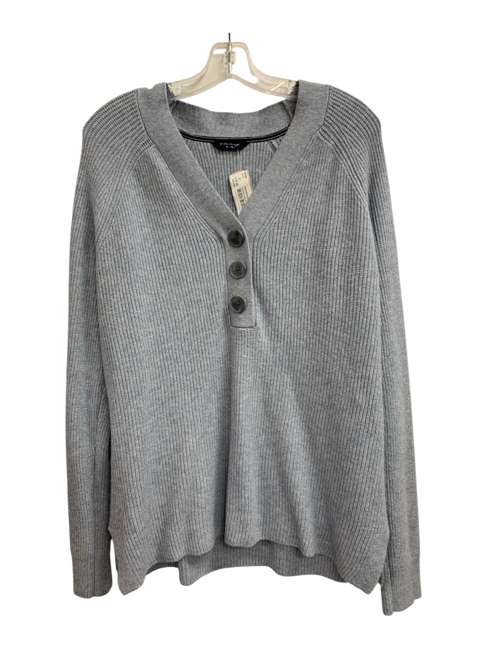 Gray Ribbed V-Neck Button Sweater - Women's